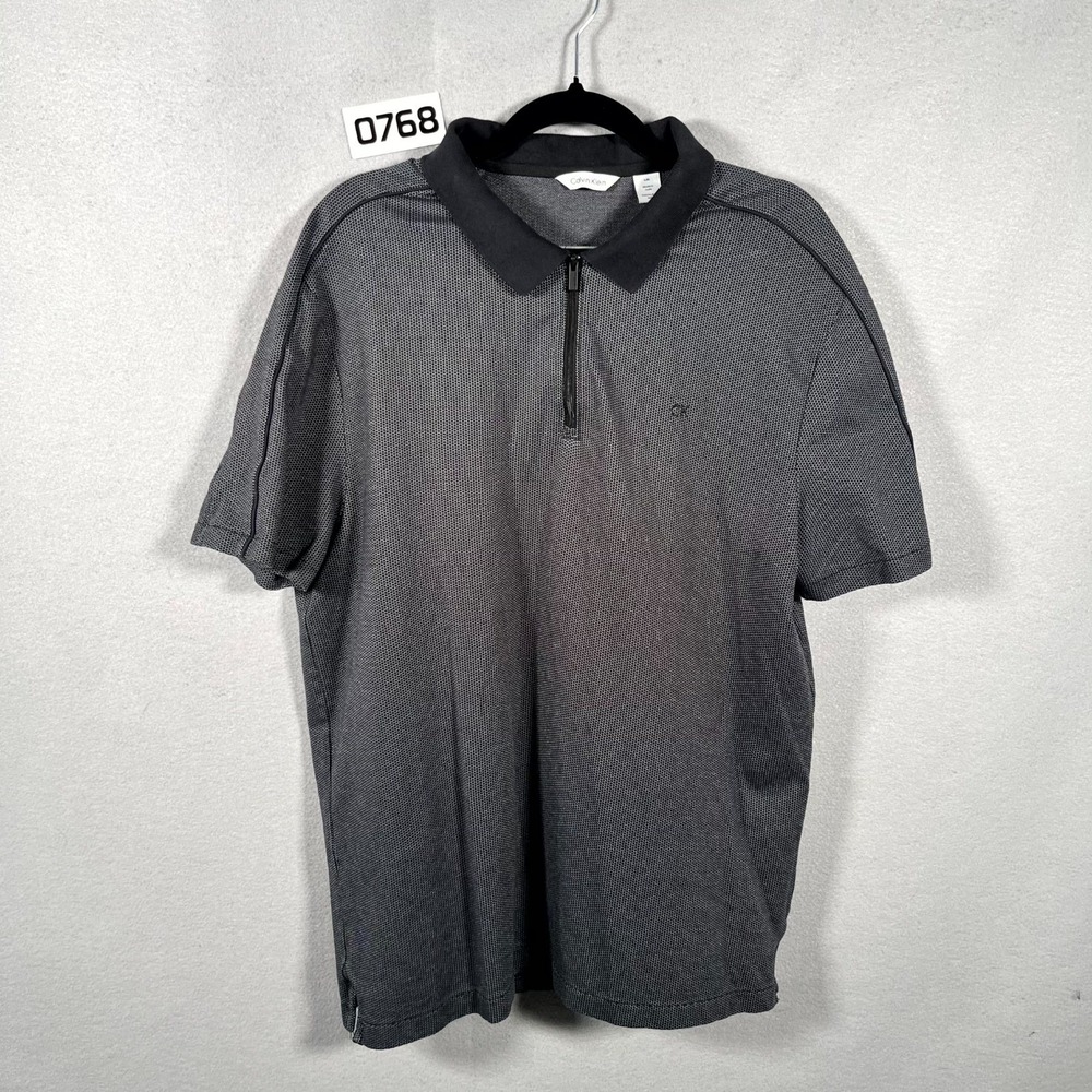 Calvin Klein Polo Shirt Mens Large Black‎ White Micro Dotted Quarter Zip Golf
